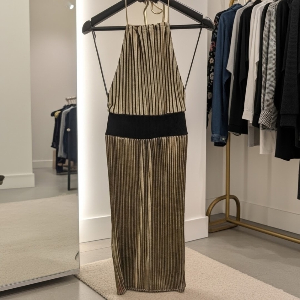 Zara Navy & Cream Pleated Halter Maxi Dress Large - Picture 2 of 11